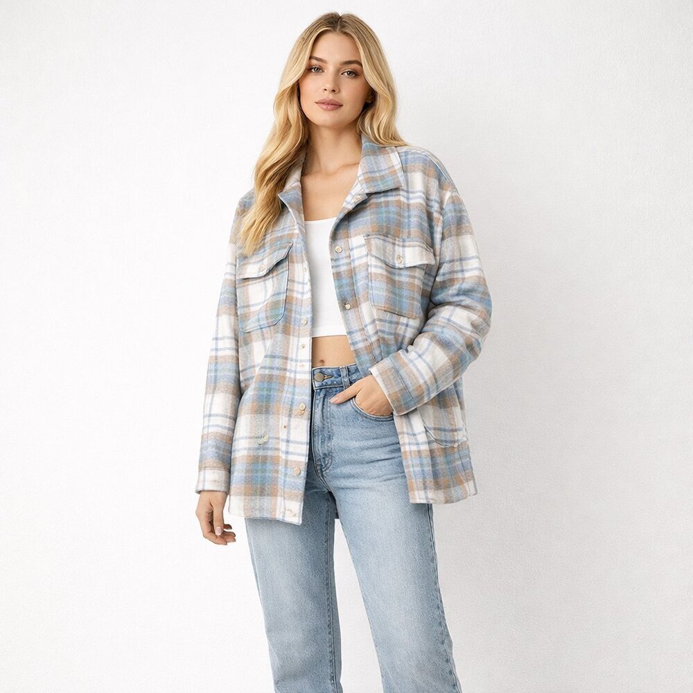 2/$30 SHEIN Oversized Plaid Flannel Button-Down Shacket Brown Combo 4 #A1265